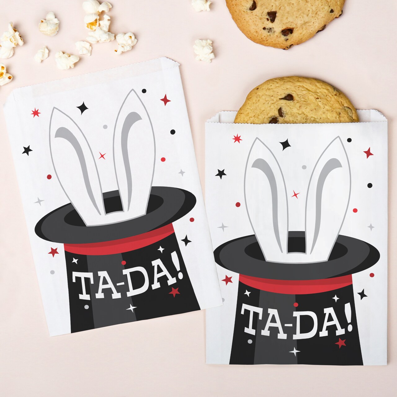 Big Dot of Happiness Magic Show Paper Treat Bags, Magical Birthday Party Candy Bags, Greaseproof White Paper Sandwich Cookie Bags - 25 Count